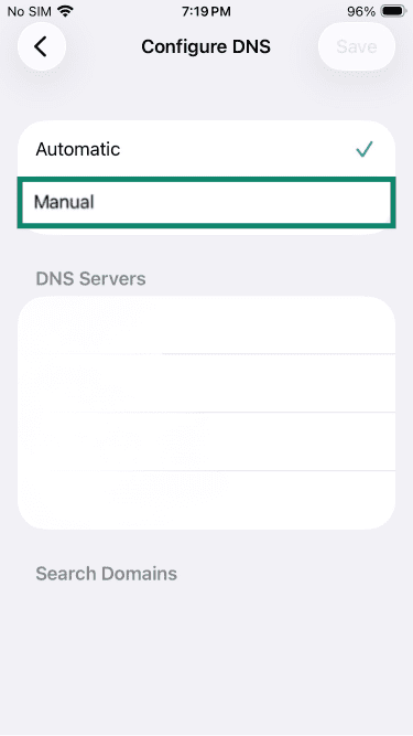 iPhone Configure DNS settings with Manual highlighted.