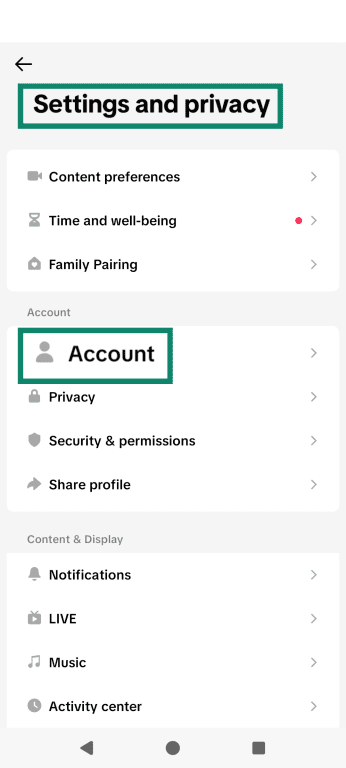 The TikTok Settings and privacy tab, outlining the Account option.