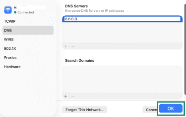 macOS DNS settings showing 8.8.8.8 added under DNS Servers, with the OK button highlighted to save changes.