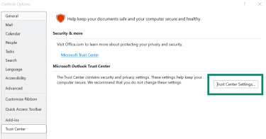 Outlook Options with Trust Center selected and Trust Center Settings highlighted.