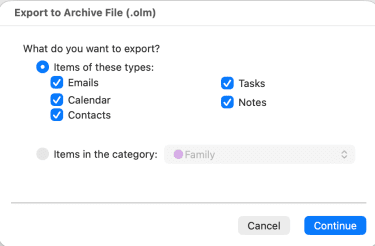 Choosing items to export on the Legacy Outlook for Mac.