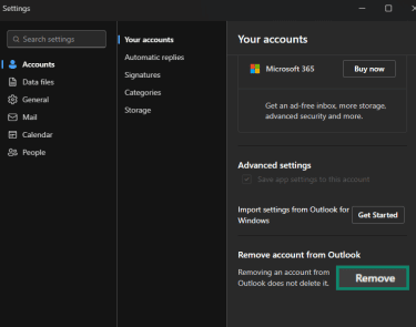Removing the Outlook account on Windows.