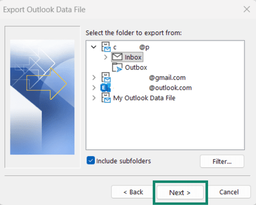 Export Outlook Data File wizard with Inbox selected and Include subfolders checked.