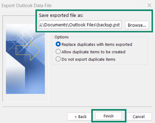 Export Outlook Data File wizard showing the backup.pst save location.