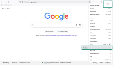 The Firefox menu bar, with the horizontal bars at the top and Settings highlighted.
