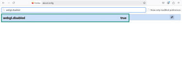 The Firefox about:config menu with webgl.disabled highlighted.
