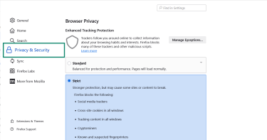 Firefox open to the Privacy & Security settings.