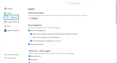 The Firefox settings menu, with Search highlighted.