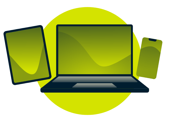 Een laptop, tablet en telefoon, met een wijnglas en rosé.