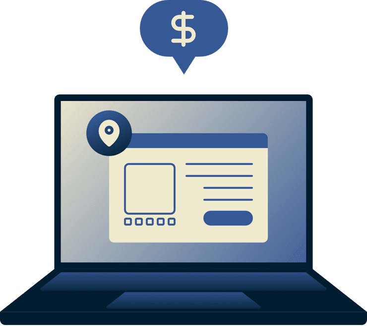 Portatile che mostra una finestra del browser con un segnaposto e sopra il simbolo del dollaro.