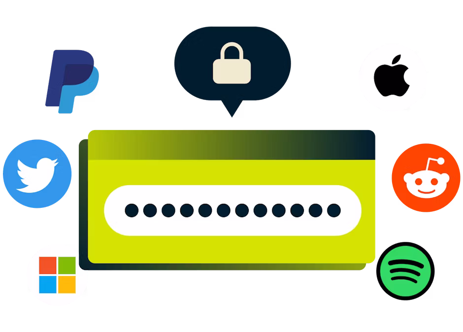 Champ de mots de passe avec icône de cadenas entouré de types de comptes